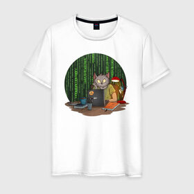 Мужская футболка хлопок с принтом IT - кот в Новосибирске, 100% хлопок | прямой крой, круглый вырез горловины, длина до линии бедер, слегка спущенное плечо. | birdborn | it | компьютер | кот | подарок | программист | профессия