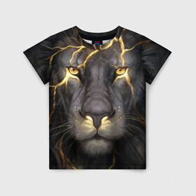 Детская футболка 3D с принтом Лев с молнией в Новосибирске, 100% гипоаллергенный полиэфир | прямой крой, круглый вырез горловины, длина до линии бедер, чуть спущенное плечо, ткань немного тянется | глаза | гроза | зверь | король | кот | кошка | прайд | царь | шрам