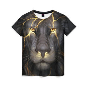 Женская футболка 3D с принтом Лев с молнией в Новосибирске, 100% полиэфир ( синтетическое хлопкоподобное полотно) | прямой крой, круглый вырез горловины, длина до линии бедер | глаза | гроза | зверь | король | кот | кошка | прайд | царь | шрам