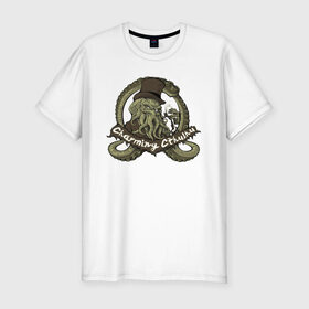 Мужская футболка премиум с принтом Charming Cthulhu в Новосибирске, 92% хлопок, 8% лайкра | приталенный силуэт, круглый вырез ворота, длина до линии бедра, короткий рукав | бог | божество | даркуотер | море | океан | осьминог