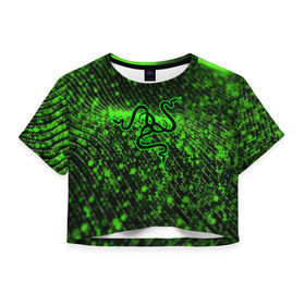 Женская футболка 3D укороченная с принтом RAZER в Новосибирске, 100% полиэстер | круглая горловина, длина футболки до линии талии, рукава с отворотами | 101 | brand | company | gamer | green | logo | mamba | naga | player | razer | rzr | snake | бренд | железо | зеленый | змея | компания | лого | рейзер | софт