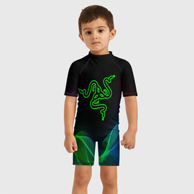 Детский купальный костюм 3D с принтом  SDC в Новосибирске, Полиэстер 85%, Спандекс 15% | застежка на молнии на спине | Тематика изображения на принте: 101 | brand | company | gamer | green | logo | mamba | naga | player | razer | rzr | snake | бренд | железо | зеленый | змея | компания | лого | рейзер | софт