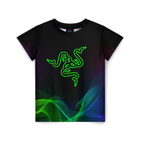 Детская футболка 3D с принтом RAZER в Новосибирске, 100% гипоаллергенный полиэфир | прямой крой, круглый вырез горловины, длина до линии бедер, чуть спущенное плечо, ткань немного тянется | 101 | brand | company | gamer | green | logo | mamba | naga | player | razer | rzr | snake | бренд | железо | зеленый | змея | компания | лого | рейзер | софт