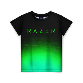 Детская футболка 3D с принтом RAZER в Новосибирске, 100% гипоаллергенный полиэфир | прямой крой, круглый вырез горловины, длина до линии бедер, чуть спущенное плечо, ткань немного тянется | 101 | brand | company | gamer | green | logo | mamba | naga | player | razer | rzr | snake | бренд | железо | зеленый | змея | компания | лого | рейзер | софт