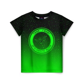 Детская футболка 3D с принтом RAZER SPACE в Новосибирске, 100% гипоаллергенный полиэфир | прямой крой, круглый вырез горловины, длина до линии бедер, чуть спущенное плечо, ткань немного тянется | Тематика изображения на принте: 101 | brand | company | gamer | green | logo | mamba | naga | player | razer | rzr | snake | space | бренд | железо | зеленый | змея | компания | космос | лого | рейзер | софт