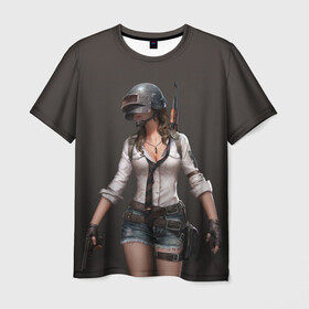 Мужская футболка 3D с принтом PUBG girl в Новосибирске, 100% полиэфир | прямой крой, круглый вырез горловины, длина до линии бедер | battle | battlegrounds | deathmatch | playerunknowns | royale | бой | выживание | девушка | оружие | состязание