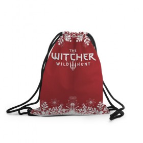 Рюкзак-мешок 3D с принтом The Witcher Новогодний в Новосибирске, 100% полиэстер | плотность ткани — 200 г/м2, размер — 35 х 45 см; лямки — толстые шнурки, застежка на шнуровке, без карманов и подкладки | Тематика изображения на принте: 