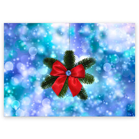 Поздравительная открытка с принтом Новогодний бантик в Новосибирске, 100% бумага | плотность бумаги 280 г/м2, матовая, на обратной стороне линовка и место для марки
 | christmas | cookie | gift | gingerbread | new | present | snow | snowflakes | three | xmas | year | год | ёлка | ель | новый | подарок | пряник | рождество | снег | снежинки | сюрприз