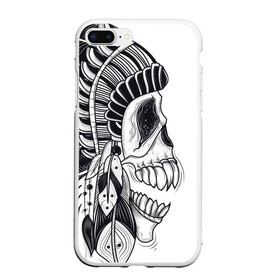 Чехол для iPhone 7Plus/8 Plus матовый с принтом Индейский демон в Новосибирске, Силикон | Область печати: задняя сторона чехла, без боковых панелей | indian | skeleton | skull | демон | индеец | перья | скелет | череп