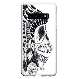 Чехол для Samsung Galaxy S10 с принтом Индейский демон в Новосибирске, Силикон | Область печати: задняя сторона чехла, без боковых панелей | indian | skeleton | skull | демон | индеец | перья | скелет | череп