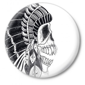 Значок с принтом Индейский демон в Новосибирске,  металл | круглая форма, металлическая застежка в виде булавки | Тематика изображения на принте: indian | skeleton | skull | демон | индеец | перья | скелет | череп