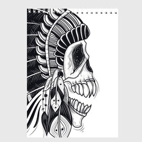Скетчбук с принтом Индейский демон в Новосибирске, 100% бумага
 | 48 листов, плотность листов — 100 г/м2, плотность картонной обложки — 250 г/м2. Листы скреплены сверху удобной пружинной спиралью | indian | skeleton | skull | демон | индеец | перья | скелет | череп