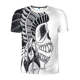 Мужская футболка 3D спортивная с принтом Индейский демон в Новосибирске, 100% полиэстер с улучшенными характеристиками | приталенный силуэт, круглая горловина, широкие плечи, сужается к линии бедра | indian | skeleton | skull | демон | индеец | перья | скелет | череп