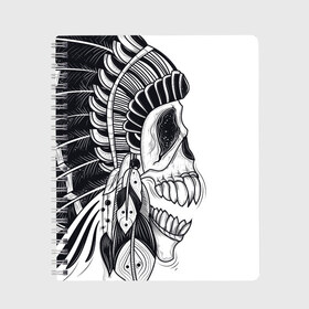 Тетрадь с принтом Индейский демон в Новосибирске, 100% бумага | 48 листов, плотность листов — 60 г/м2, плотность картонной обложки — 250 г/м2. Листы скреплены сбоку удобной пружинной спиралью. Уголки страниц и обложки скругленные. Цвет линий — светло-серый
 | indian | skeleton | skull | демон | индеец | перья | скелет | череп