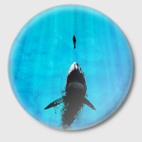 Значок с принтом Акула на охоте в Новосибирске,  металл | круглая форма, металлическая застежка в виде булавки | акула | женщина | море | охота | рыба | хищник
