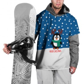 Накидка на куртку 3D с принтом Праздничный пингвинчик в Новосибирске, 100% полиэстер |  | christmas | deer | new | pinguin | snow | snowflakes | winter | xmas | year | год | зима | новый | олень | пингвин | рождество | снег | снежинки
