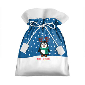 Подарочный 3D мешок с принтом Праздничный пингвинчик в Новосибирске, 100% полиэстер | Размер: 29*39 см | Тематика изображения на принте: christmas | deer | new | pinguin | snow | snowflakes | winter | xmas | year | год | зима | новый | олень | пингвин | рождество | снег | снежинки