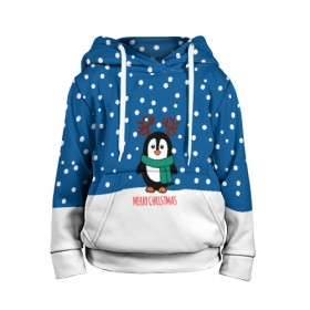 Детская толстовка 3D с принтом Праздничный пингвинчик в Новосибирске, 100% полиэстер | двухслойный капюшон со шнурком для регулировки, мягкие манжеты на рукавах и по низу толстовки, спереди карман-кенгуру с мягким внутренним слоем | christmas | deer | new | pinguin | snow | snowflakes | winter | xmas | year | год | зима | новый | олень | пингвин | рождество | снег | снежинки