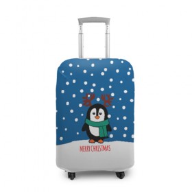 Чехол для чемодана 3D с принтом Праздничный пингвинчик в Новосибирске, 86% полиэфир, 14% спандекс | двустороннее нанесение принта, прорези для ручек и колес | christmas | deer | new | pinguin | snow | snowflakes | winter | xmas | year | год | зима | новый | олень | пингвин | рождество | снег | снежинки