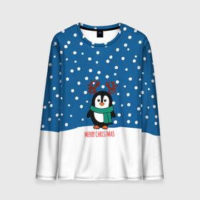 Мужской лонгслив 3D с принтом Праздничный пингвинчик в Новосибирске, 100% полиэстер | длинные рукава, круглый вырез горловины, полуприлегающий силуэт | christmas | deer | new | pinguin | snow | snowflakes | winter | xmas | year | год | зима | новый | олень | пингвин | рождество | снег | снежинки