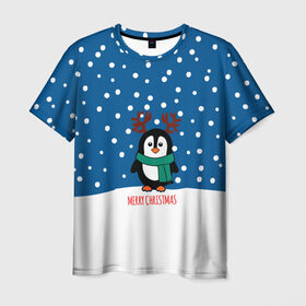 Мужская футболка 3D с принтом Праздничный пингвинчик в Новосибирске, 100% полиэфир | прямой крой, круглый вырез горловины, длина до линии бедер | christmas | deer | new | pinguin | snow | snowflakes | winter | xmas | year | год | зима | новый | олень | пингвин | рождество | снег | снежинки