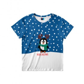 Детская футболка 3D с принтом Праздничный пингвинчик в Новосибирске, 100% гипоаллергенный полиэфир | прямой крой, круглый вырез горловины, длина до линии бедер, чуть спущенное плечо, ткань немного тянется | christmas | deer | new | pinguin | snow | snowflakes | winter | xmas | year | год | зима | новый | олень | пингвин | рождество | снег | снежинки