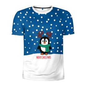 Мужская футболка 3D спортивная с принтом Праздничный пингвинчик в Новосибирске, 100% полиэстер с улучшенными характеристиками | приталенный силуэт, круглая горловина, широкие плечи, сужается к линии бедра | christmas | deer | new | pinguin | snow | snowflakes | winter | xmas | year | год | зима | новый | олень | пингвин | рождество | снег | снежинки