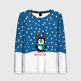 Женский лонгслив 3D с принтом Праздничный пингвинчик в Новосибирске, 100% полиэстер | длинные рукава, круглый вырез горловины, полуприлегающий силуэт | christmas | deer | new | pinguin | snow | snowflakes | winter | xmas | year | год | зима | новый | олень | пингвин | рождество | снег | снежинки