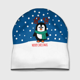 Шапка 3D с принтом Праздничный пингвинчик в Новосибирске, 100% полиэстер | универсальный размер, печать по всей поверхности изделия | christmas | deer | new | pinguin | snow | snowflakes | winter | xmas | year | год | зима | новый | олень | пингвин | рождество | снег | снежинки