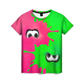 Женская футболка 3D с принтом Splatoon в Новосибирске, 100% полиэфир ( синтетическое хлопкоподобное полотно) | прямой крой, круглый вырез горловины, длина до линии бедер | брызги | глаза | зеленый | игра | краски | розовый | салатовый