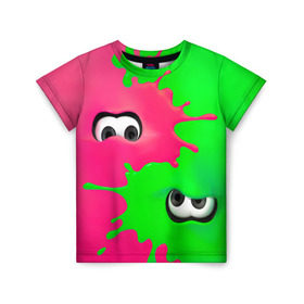 Детская футболка 3D с принтом Splatoon в Новосибирске, 100% гипоаллергенный полиэфир | прямой крой, круглый вырез горловины, длина до линии бедер, чуть спущенное плечо, ткань немного тянется | Тематика изображения на принте: брызги | глаза | зеленый | игра | краски | розовый | салатовый