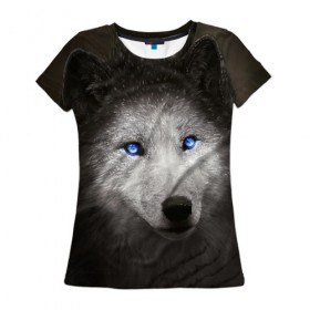 Женская футболка 3D с принтом Голубоглазый волк в Новосибирске, 100% полиэфир ( синтетическое хлопкоподобное полотно) | прямой крой, круглый вырез горловины, длина до линии бедер | волк | глаза | охотник | серый | хищник