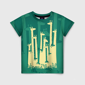 Детская футболка 3D с принтом Жирафы в Новосибирске, 100% гипоаллергенный полиэфир | прямой крой, круглый вырез горловины, длина до линии бедер, чуть спущенное плечо, ткань немного тянется | africa | animals | fantasy | giraffes | long | neck | silhouette | spots | stencil | surrealism | аниме | африка | ветки | длинная | животные | жирафы | зелёный | картинка | крутой | листья | лучший | пятна | растения | рисунок | силуэт