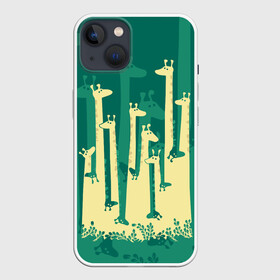 Чехол для iPhone 13 с принтом Жирафы в Новосибирске,  |  | Тематика изображения на принте: africa | animals | fantasy | giraffes | long | neck | silhouette | spots | stencil | surrealism | аниме | африка | ветки | длинная | животные | жирафы | зелёный | картинка | крутой | листья | лучший | пятна | растения | рисунок | силуэт