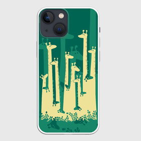 Чехол для iPhone 13 mini с принтом Жирафы в Новосибирске,  |  | africa | animals | fantasy | giraffes | long | neck | silhouette | spots | stencil | surrealism | аниме | африка | ветки | длинная | животные | жирафы | зелёный | картинка | крутой | листья | лучший | пятна | растения | рисунок | силуэт