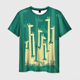 Мужская футболка 3D с принтом Жирафы в Новосибирске, 100% полиэфир | прямой крой, круглый вырез горловины, длина до линии бедер | africa | animals | fantasy | giraffes | long | neck | silhouette | spots | stencil | surrealism | аниме | африка | ветки | длинная | животные | жирафы | зелёный | картинка | крутой | листья | лучший | пятна | растения | рисунок | силуэт
