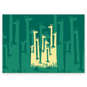 Поздравительная открытка с принтом Жирафы в Новосибирске, 100% бумага | плотность бумаги 280 г/м2, матовая, на обратной стороне линовка и место для марки
 | africa | animals | fantasy | giraffes | long | neck | silhouette | spots | stencil | surrealism | аниме | африка | ветки | длинная | животные | жирафы | зелёный | картинка | крутой | листья | лучший | пятна | растения | рисунок | силуэт