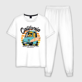 Мужская пижама хлопок с принтом Калифорния в Новосибирске, 100% хлопок | брюки и футболка прямого кроя, без карманов, на брюках мягкая резинка на поясе и по низу штанин
 | Тематика изображения на принте: california | surfing | авто | калифорния | лето | монстр | серфинг