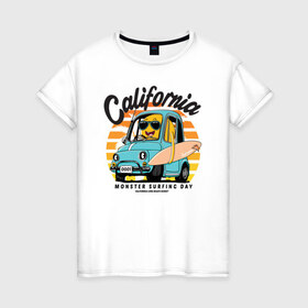 Женская футболка хлопок с принтом Калифорния в Новосибирске, 100% хлопок | прямой крой, круглый вырез горловины, длина до линии бедер, слегка спущенное плечо | california | surfing | авто | калифорния | лето | монстр | серфинг