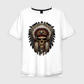 Мужская футболка хлопок Oversize с принтом Индеец в Новосибирске, 100% хлопок | свободный крой, круглый ворот, “спинка” длиннее передней части | индеец | индейцы | перья | хиппи | череп