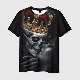 Мужская футболка 3D с принтом Скелет и девушка в Новосибирске, 100% полиэфир | прямой крой, круглый вырез горловины, длина до линии бедер | девушка | женщина | король | корона | любовь | пара | поцелуй | скелет | череп