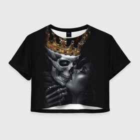 Женская футболка Cropp-top с принтом Скелет и девушка в Новосибирске, 100% полиэстер | круглая горловина, длина футболки до линии талии, рукава с отворотами | девушка | женщина | король | корона | любовь | пара | поцелуй | скелет | череп