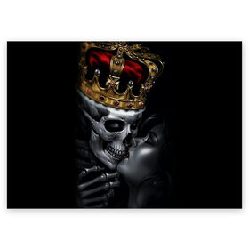 Поздравительная открытка с принтом Скелет и девушка в Новосибирске, 100% бумага | плотность бумаги 280 г/м2, матовая, на обратной стороне линовка и место для марки
 | Тематика изображения на принте: девушка | женщина | король | корона | любовь | пара | поцелуй | скелет | череп