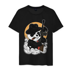 Мужская футболка хлопок с принтом Гангстер Панда в Новосибирске, 100% хлопок | прямой крой, круглый вырез горловины, длина до линии бедер, слегка спущенное плечо. | автомат | банда | гангстер | мафия | панда | панды | преступник | томпсон