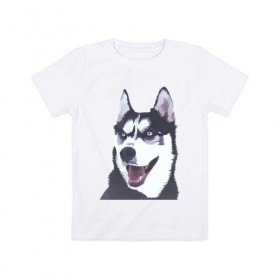 Детская футболка хлопок с принтом Хаски в Новосибирске, 100% хлопок | круглый вырез горловины, полуприлегающий силуэт, длина до линии бедер | dog | haski | собака | собаки | хаски | хаски бандит
