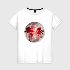 Женская футболка хлопок с принтом Красный закат в тропиках в Новосибирске, 100% хлопок | прямой крой, круглый вырез горловины, длина до линии бедер, слегка спущенное плечо | закат | лето | луна | ночь | пальмы | тропики
