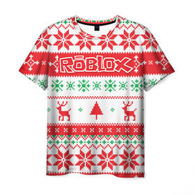 Мужская футболка 3D с принтом Новогодний Roblox в Новосибирске, 100% полиэфир | прямой крой, круглый вырез горловины, длина до линии бедер | dynablocks | roblox | блоки | вселенная | герои | год | кубики | новый | роблокс | снег | снежинки | узор
