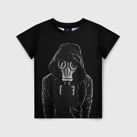 Детская футболка 3D с принтом Противогаз в Новосибирске, 100% гипоаллергенный полиэфир | прямой крой, круглый вырез горловины, длина до линии бедер, чуть спущенное плечо, ткань немного тянется | Тематика изображения на принте: капюшон | мужчина | противогаз | человек | черный