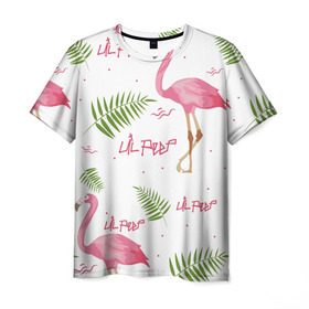 Мужская футболка 3D с принтом Lil Peep pink flamingo в Новосибирске, 100% полиэфир | прямой крой, круглый вырез горловины, длина до линии бедер | benz truck | girls. pink | gustav hr | hip hop | lil | lil peep | peep | rap | лил | лилпип | листья | пальма | пальмы | пип | розовый | рэп | фламинго | хип хоп | эмо | эмо реп