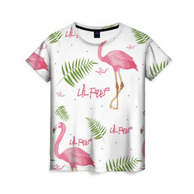 Женская футболка 3D с принтом Lil Peep pink flamingo в Новосибирске, 100% полиэфир ( синтетическое хлопкоподобное полотно) | прямой крой, круглый вырез горловины, длина до линии бедер | benz truck | girls. pink | gustav hr | hip hop | lil | lil peep | peep | rap | лил | лилпип | листья | пальма | пальмы | пип | розовый | рэп | фламинго | хип хоп | эмо | эмо реп